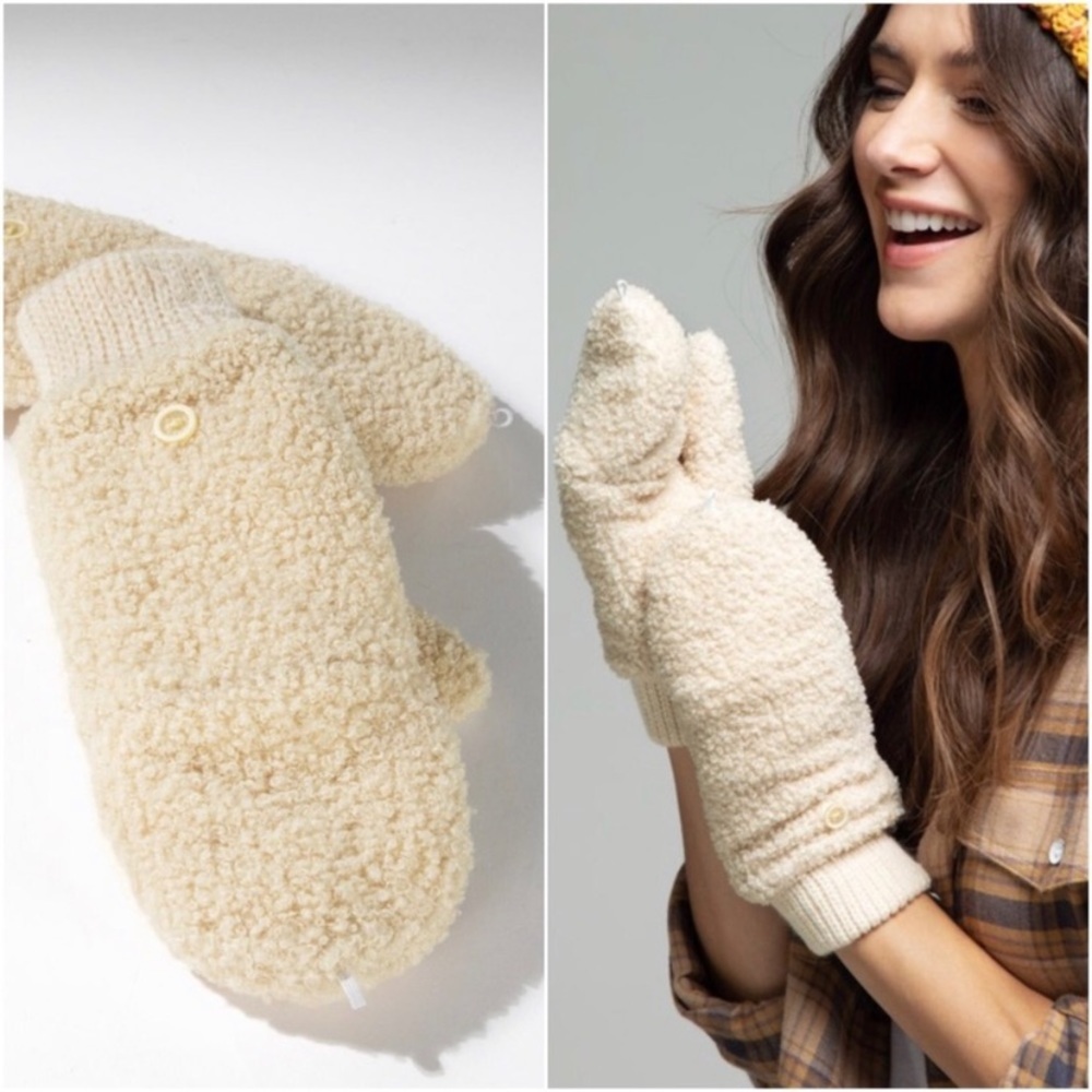 New Ivory Popup Button Open Soft Teddy Mitten Warm Winter Open Finger Mitten - Picture 2 of 3